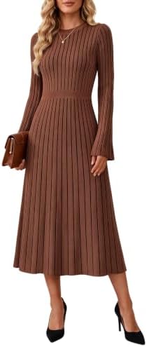 Wenrine Womens Long Sleeve Midi Sweater Dress Crew Neck A-Line Dr...