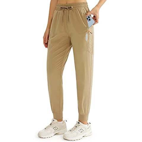 MASKERT Women's Lightweight Joggers Pants Quick Dry Athletic Running Pants Hiking Workout Lounge Casual Track Zipper Pockets, Khaki, M Cover