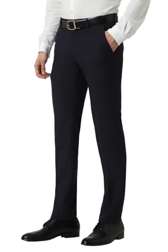Image of Van Heusen Men Navy Solid Slim Fit Trousers