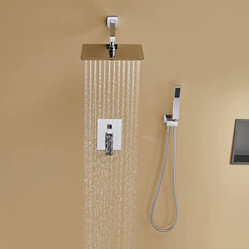 Image of Rain Shower System 12 Inches Shower Combo Set Chrome Wall Mount Faucet Bathroom Faucets with Rainfall Shower Head and Hand Shower