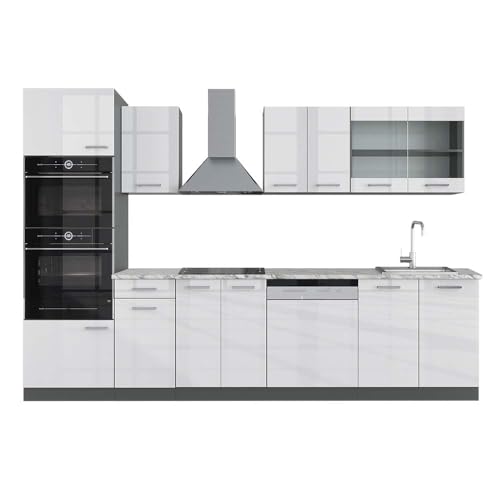 Vicco Küchenzeile R-Line, Weiß Hochglanz, 300 cm mit Hochschrank, AP Marmor, zur individuellen Kombination und Erweiterung geeignet