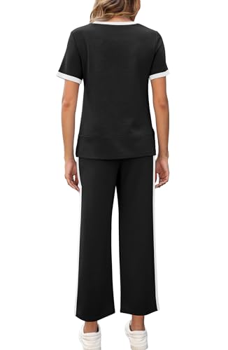 Image of XIEERDUO Women's 2 Piece Outfits Summer Lounge Sets Side Slit Loungewear | Short Sleeve Top Matching Wide Leg Capri Pants