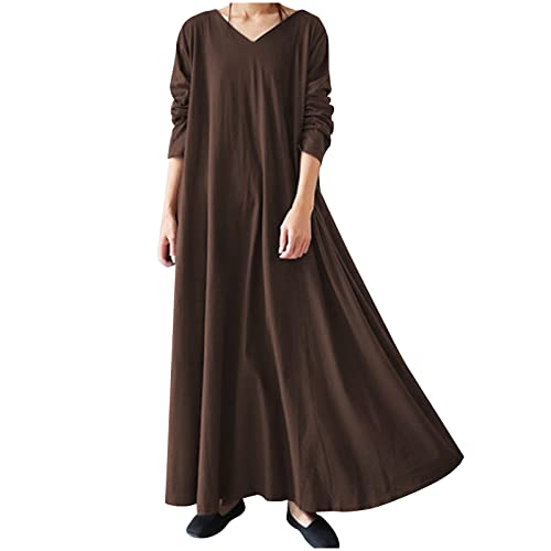 TRIGLICOLEUM Langes Kleid Damen Vintage Einfarbige Winterkleid Lose Baggy Kaftan Langarm V-Ausschnitt Pullover-Kleid Warme Baumwolle Maxikleid...