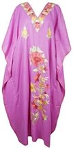 Mogul Interior Womens Embroidered Kaftan Maxi Dress Pink Cotton Caftan Beach Coverup Dresses L-3XL