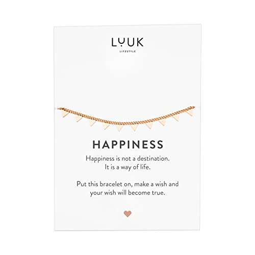 LUUK LIFESTYLE Stainless steel bracelet with pendant and HAPPINESS card, filigree and minimalist women's jewelry, unique gift idea, lucky charm, adjustable length, 8”, gold, silver and rosegold