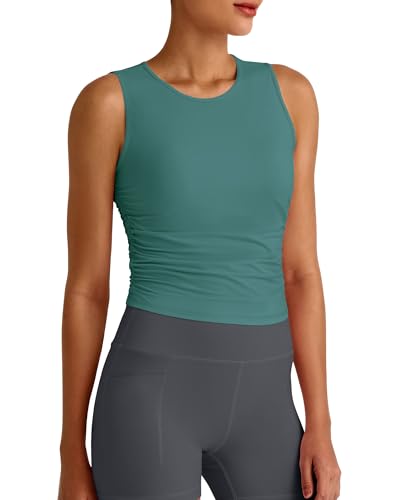 Image of G4Free Skimetic Workout Tank Tops for Women Side Ruched Sleeveless High Neck Crop Top Summer Athletic Gym Shirts