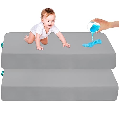 Image of Biloban Pack and Play Sheets Waterproof 2 Pack Fitted, Compatible with Baby Graco Pack n Play/Playard and Other 38" X 26" Playpen Mattress, Grey