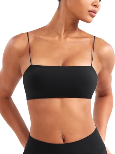 YEOREO Women's Spaghetti Strap Sports Bra Enidy Square Neck Yoga Wireless Low Impact Padded Seamless Cami Crop Top