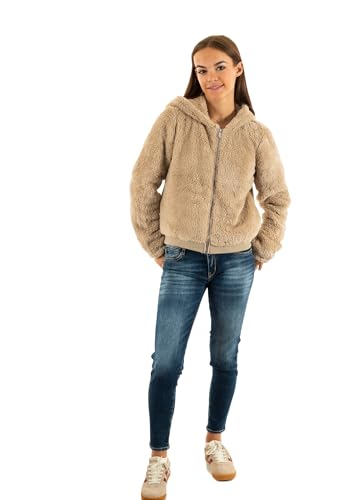 ONLY Chaqueta Mujer Piel Sintética Capucha Corta Cremallera Tela Oso Ajuste Cómodo, Color:Beige-2, Talla:XS