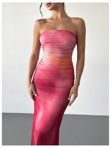 Image of MakeMeChic Women's Strapless Maxi Dress Cocktail Mesh Ombre Bodycon Tube Dresses