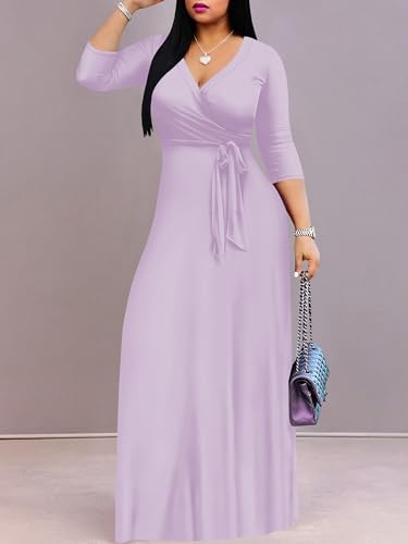 Image of Plus Size Maxi Dress for Women V Neck 3 /4 Sleeve Wrap Dress