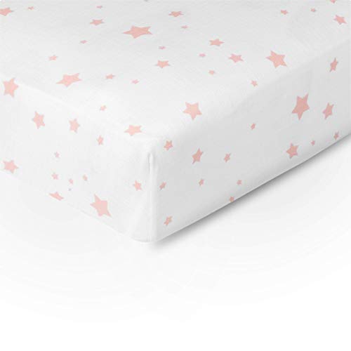 Image of Newton Baby Fitted Mini Crib Sheets (2-Pack) | Organic Muslin Cotton, Breathable & Soft Baby Sheets, Washable Baby Mattress Sheets, Fits Mini Crib Mattresses 24 inch x 38 inch, Stardust Coral & Plain White