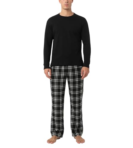 LAPASA - Pijama Hombre Invierno 100% Algodón Franela Pantalones a Cuadros Pijama Largo Camiseta y Pantalón de Pijama M79 XL Cuadro Negro + Negro y Blanco
