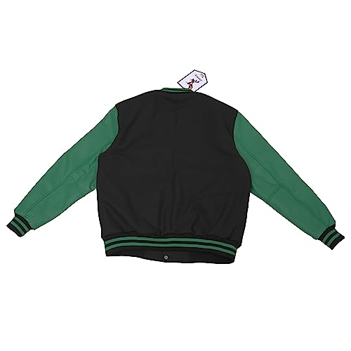 Bomber Jacket Men Motorcycle Biker Racer Baseball Letterman Varsity Jacket Wool Cowhide Leather Dark Green Sleeve2
