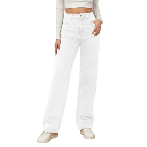 Generisch Pantalones vaqueros holgados de cintura alta para mujer, pierna ancha, pantalones de mezclilla de gran tamaño con tira de botones y bolsillos laterales, pantalones casuales sueltos para el