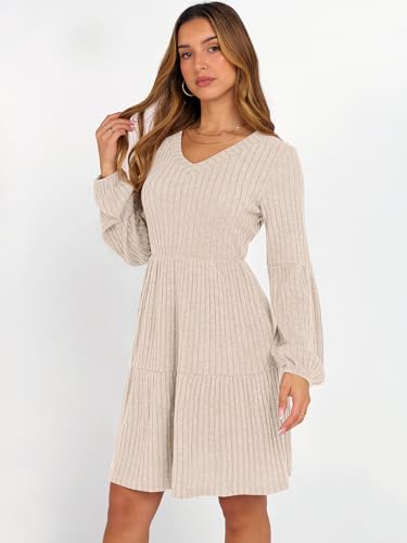 ANRABESS Women's Long Lantern Sleeve Ribbed Knit Dresses V Neck Casual 2025 Fall Winter Flowy Swing Tunic Sweater Short Dress3