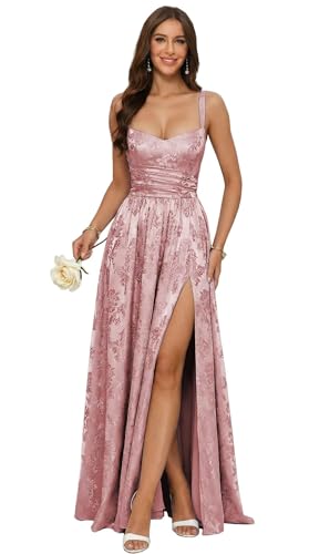 Purardass Women's A Line Corset Prom Dress Floral Jacquard Satin Prom Dresses Dusty Rose Spaghetti...