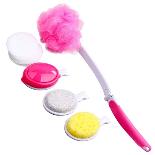 Cepillo de baño de esponja desmontable de mango largo | Juego de 5 piezas de limpiador de espalda plegable con 4 cabezales reemplazables, aplicador de ducha antideslizante para baño