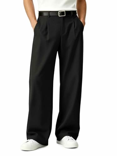 Runcati Mens Baggy Dress Pants Old Money Pleated 30'/32' Casual Wide Leg Slacks Relaxed Fit Lightweight Work Business Trouser Black
