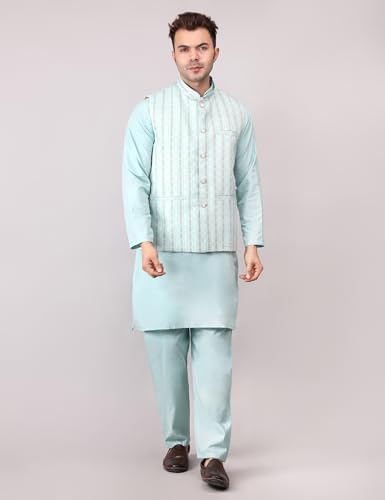 Image of Men's Cotton Silk Blend Regular Kurta Pyjama, Embroidered Nehru Jacket /Waistcoat Set