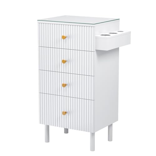 OmySalon Salon Station, Barber Station for Stylist, Hair Storage Cabinet with Glass Top & 4 Drawers & 3 Heat Resistant Tool Holders, For Beauty Spa, Salon, White