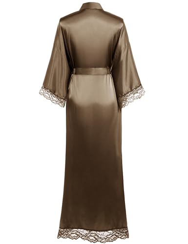 Image of BABEYOND Satin Kimono Robe Silky Long Bridesmaid Wedding Lightweight Bath Robe with Lace Trim