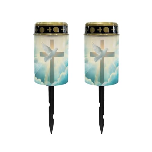 Poceacles Cemetery Candle Grave Lights Outdoor Waterproof Decoration Pathway Lights Garden Solar Candle for Garden Lawn Decor, 2 Pieces, Dove of Peace Cross Cloud Print
