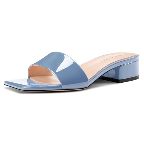 Image of TNYNFBEB Womens Chunky Block Low Heel Open Square Toe Sandals Mules Shoes Slip-on Prom Party Dress Patent Leather 1.4 Inches Heels