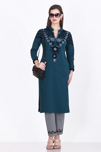 Image of Rosary Women's Woolen Winter Embroidered Kurta with Palazzo | Warm Ethnic Suit Set - 2 Piece Outfit