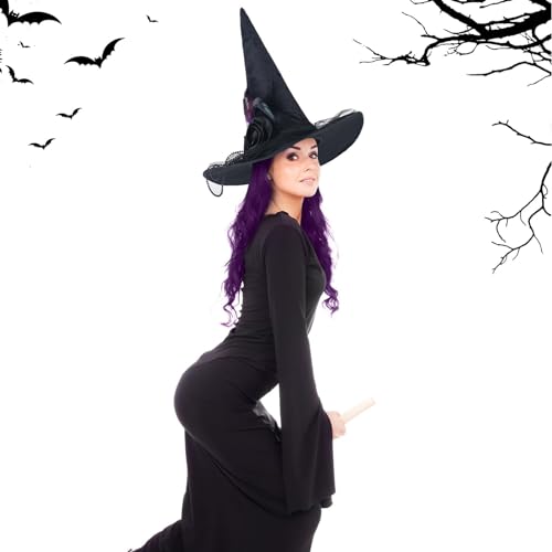 Booson 3 Pcs Halloween Witch Costumes Set Black Pointed Witch Hat Dark Purple Cosplay Wig And Nylon Striped Stockings For Women Girl Cosplay Party Costume Accessory thumb #5