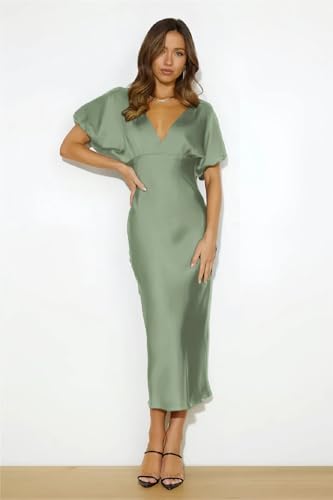 Image of Summer Satin V Neck Puffy Sleeves Empire Waist Midi Dresser Silk Sexy Tie Back Formal Cocktail Dresser for Women Wedding