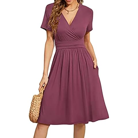 OMZIN Women Summer Casual Dresses Swing V Neck Wrap Midi Swing Sundress with Pockets Dark Purple 2XL Cover
