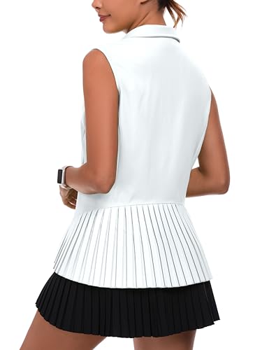 Little Donkey Andy Women's Golf Vest Outerwear with Pleated Hem Sleeveless Athletic Jacket for Running Yoga Tennis White Medium