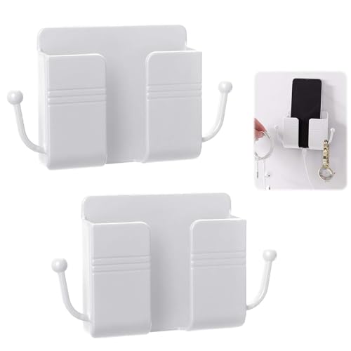2 Piezas Teléfono Móvil de Pared Organizador, Autoadhesivos Soporte para Mando A Distancia, Multifuncional ABS Cajas Almacenamiento con Gancho, para Familia y Oficina (Blanco)