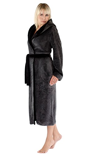 LEVERIE Albornoz clásico y súper suave para mujer / bata / albornoz para sauna con cinturón de lazo, bolsillos y capucha o solapa de cuello, M