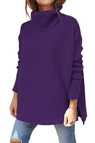 Image of LILLUSORY Women's Turtleneck Oversized Sweaters Long Batwing Sleeve Spilt Hem Tunic Pullover Knit Tops