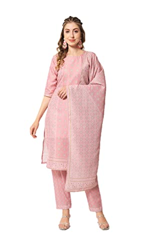 Parvdi Ensemble kurta pour femme avec dupatta style indien imprimé Kurti droit avec pantalon, rose clair, Large