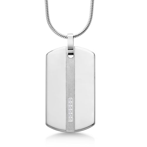 Gem Stone King Polished Shiny Silver Tungsten Carbide Men's Dog Tag with Matte Finish Stripe and 6 Accent White Lab Grown Diamonds on 24 inch Snake Chain