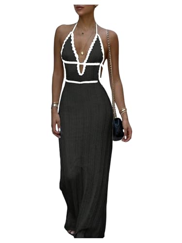 SOLY HUX Women's Tie Backless Maxi Halter Dress Deep V Neck Sleeveless Knit  Elegant Dresses Plain Black XX-Small at Amazon Women's Clothing store
