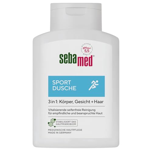 Sebamed Sport Dusche 3 in 1, 200 ml, für Körper, Gesicht und Haar, für Männer und Frauen, Haut- und Haarpflege für sportstrapazierte Haut und Kopfhaut, Shampoo und Duschgel