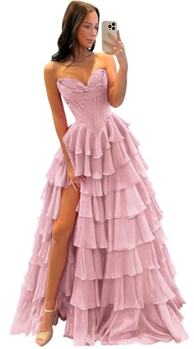 BABYONLINE D.R.E.S.S. Robe de Soirée et Robe de Cocktail Mariage Luxe imprimé Floral Bustier Col Cœur à Volants avec Fente Blush S