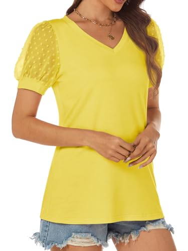 ATHMILE Womens Summer Tops V Neck T Shirts Swiss Dot Puff Sleeve Tops Loose Casual Tshirts3