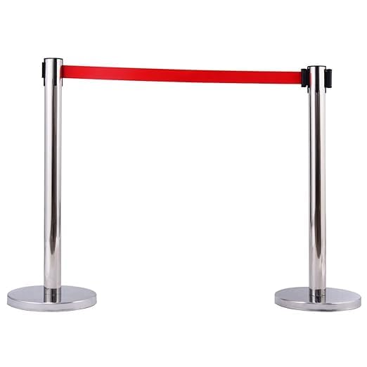 Premium Q Manager, 202 Grade Extendable 2.25 mtr Hook Type Stanchions Barrier Steel Barricade, Safety Barriers Stand & Line Dividers for Movie Theatre Que Manager - Pack of 2 Red