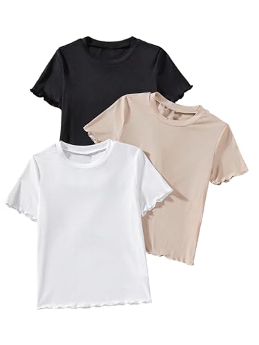 OYOANGLE Girl's 3 Piece Short Sleeve Tees Crew Neck Ribbed Knit Tee Shirts Basic Solid Crew Neck T-Shirt