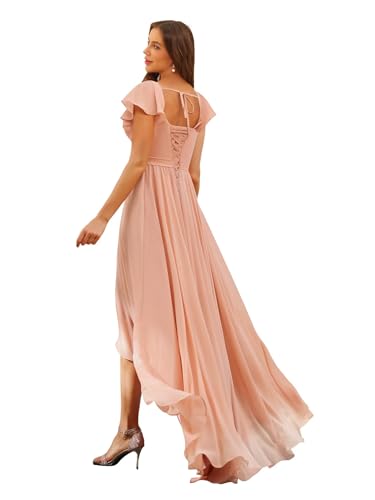 Flutter Sleeve Bridesmaid Dresses with Slit Long Square Neck Ruffles Chiffon Evening Gowns with Pocket LO0402