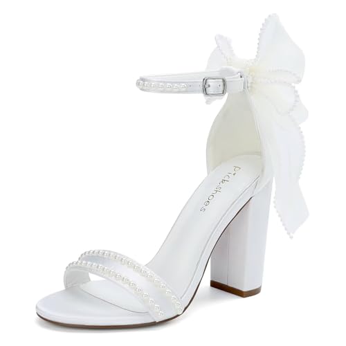 Block Heel Wedding Shoes for Bride Open Toe Pearl Heels with Bow Bridal Shoes Wedding Heels