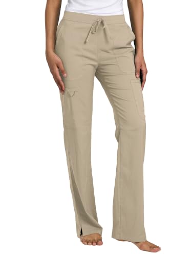 COZYFIT Scrubs Pants for Womens, Mid Rise Pant with Side Slits, Khaki, M