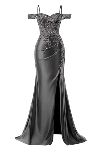 Image of Mermaid Satin Prom Dresses 2026 Lace Applique Off Shoulder Formal Evening Gown with Slit