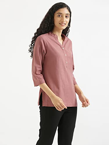 Image of SAADAA Women Short Kurti Airy Linen Regular Fit Kurta with 3 /4th Sleeves, Mandarin Collar, Side Slit Perfect for Casual, Formal, and Ethnic Wear