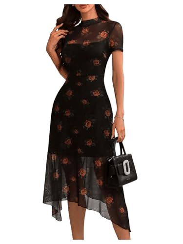 Image of Floerns Women's Floral Mesh Short Sleeve Asymmetrical Hem Flared A Line Dress